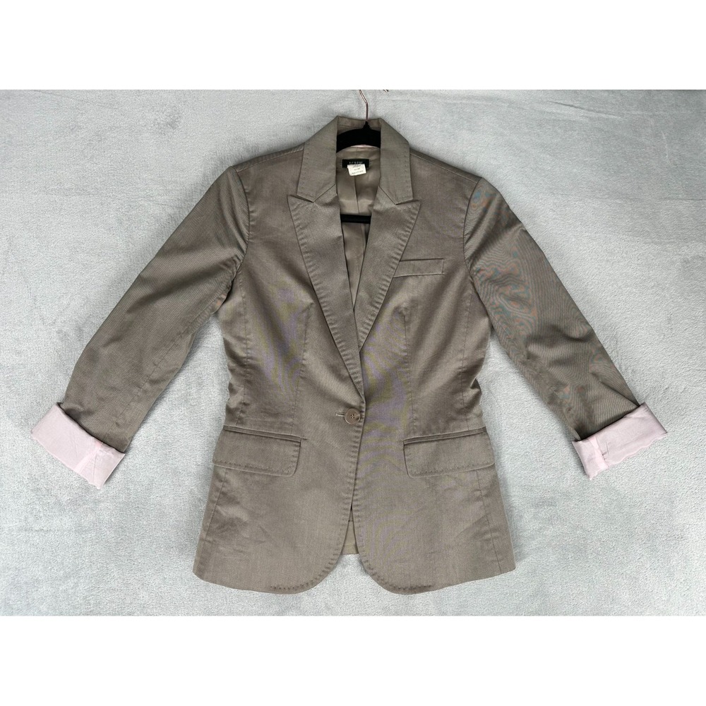 J Crew Women's Gray Tan Blazer Long Sleeve Cotton One Button Pockets Size 0